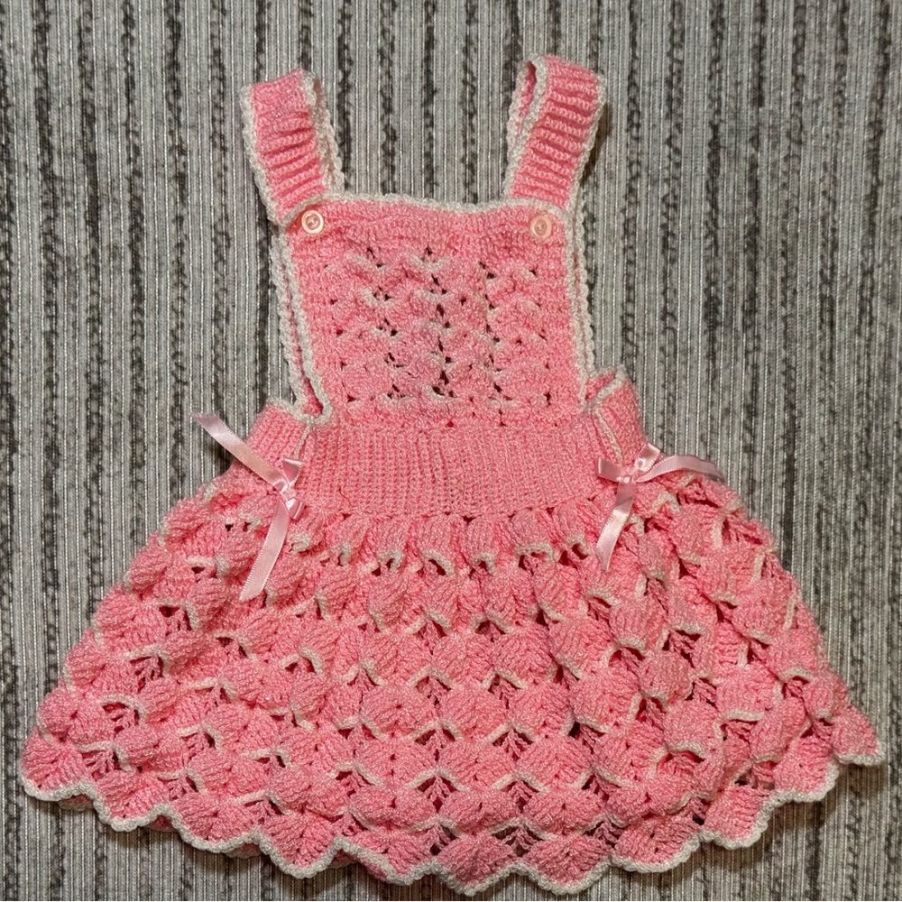 Handmade Crochet Baby Dress 0-3M Pink Knit Photo Prop Boutique Style‎
